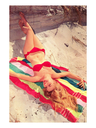 x 2 blonde in bikini on beach towel